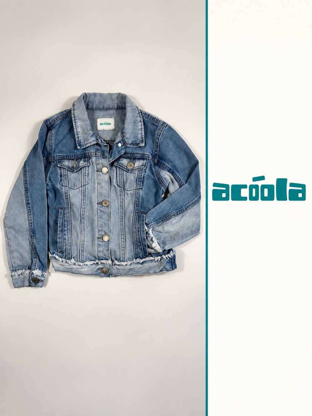 Acoola Kids Distressed Denim Jacket Size 7-8 Light Wash Raw Frayed Hem Unisex